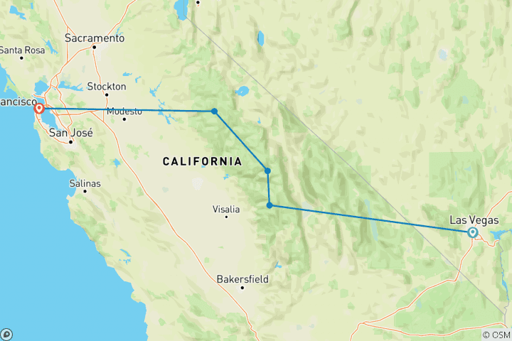 Carte du circuit Trek à Sequoia, Kings Canyon et Yosemite