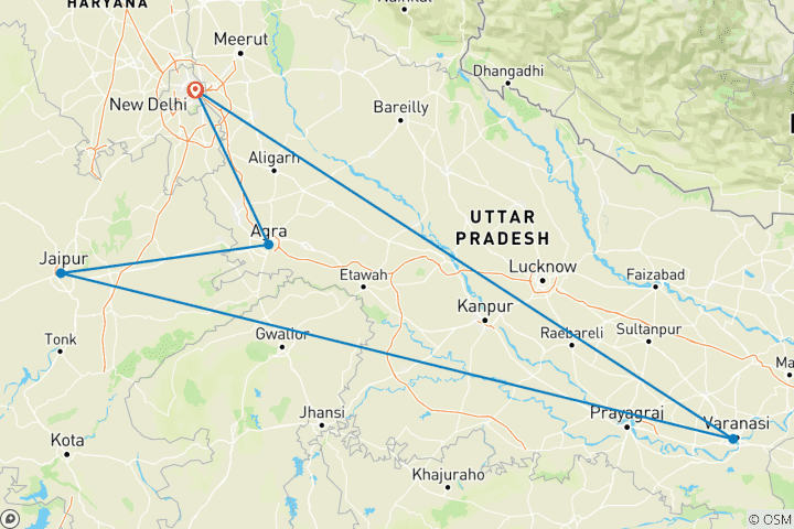 Karte von 6 Tage Goldenes Dreieck mit Varanasi und Taj Mahal Sonnenaufgang