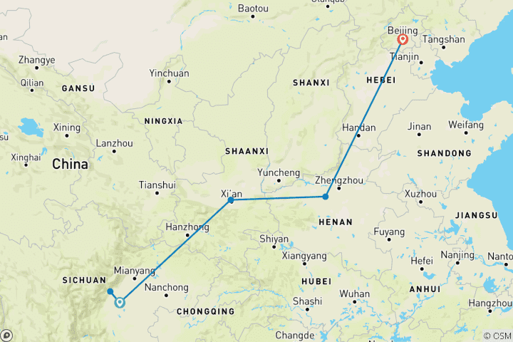 Map of 14-Day Panda Volunteering trip from Chengdu to Beijing