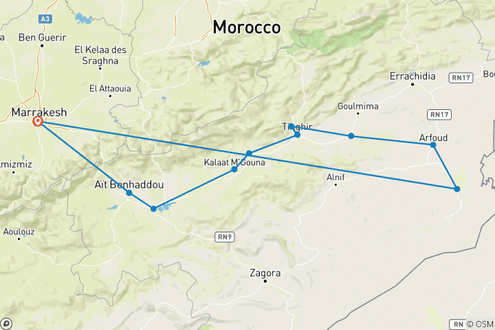 Map of From Marrakech 3-Day, 2-Night Desert Trip to Merzouga Dunes