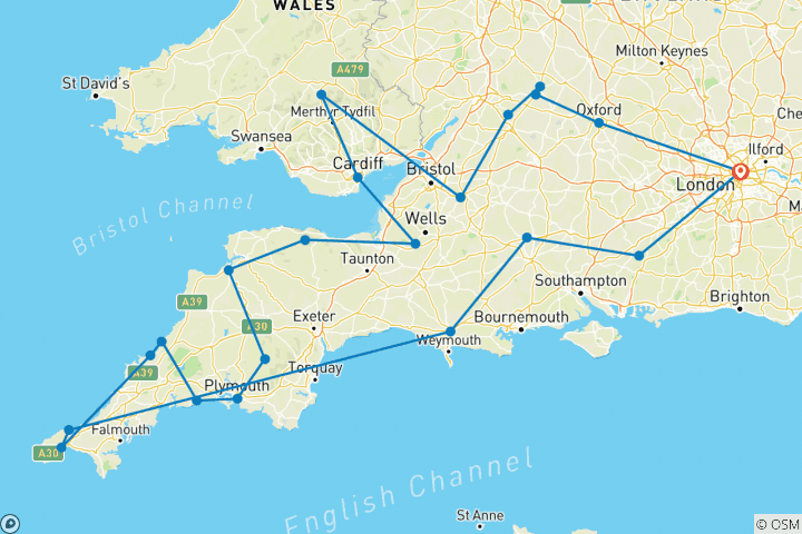 Kaart van Landwegen van Wales, Devon & Cornwall (Klassiek, 2022, 11 dagen)