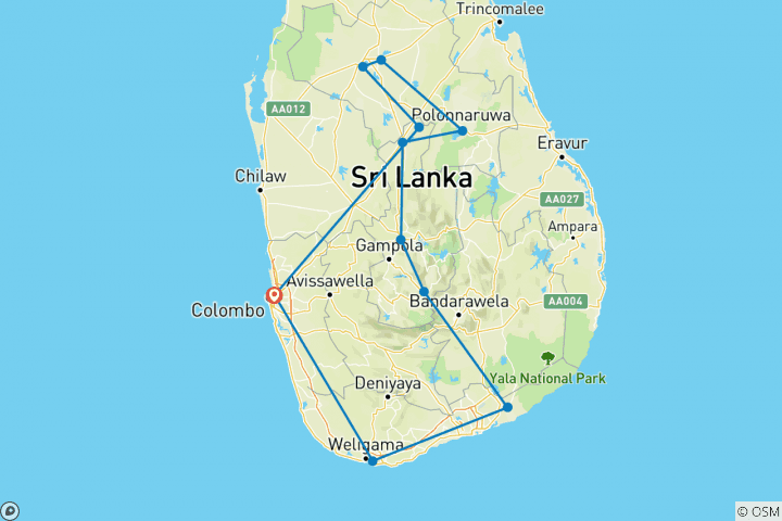 Karte von Sri Lanka Erlebnisreise (Autoreise mit privatem Fahrer, 10 Tage)