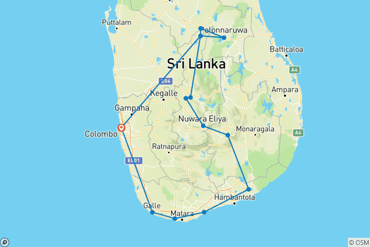 Mapa de Viajes económicos a Sri Lanka - 8 días, 7 noches con conductor privado, vehículo y alojamiento H/B