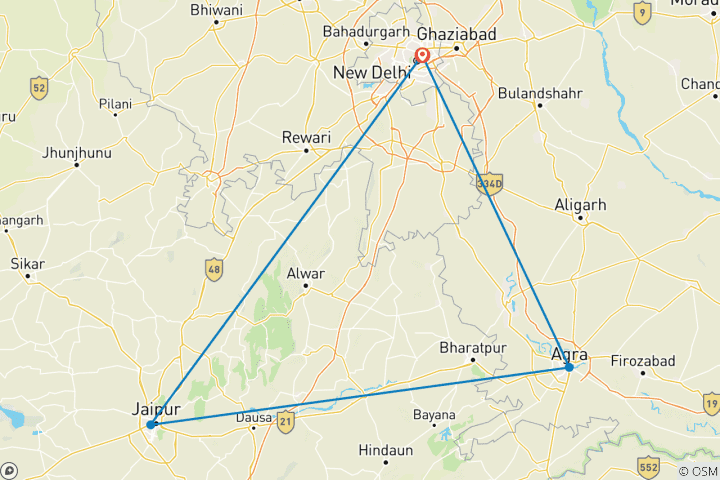 Map of 06 Days Golden triangle tour with three historical sites