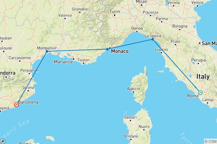 Map of Rome to Barcelona by Train (Classic, 9 Days)