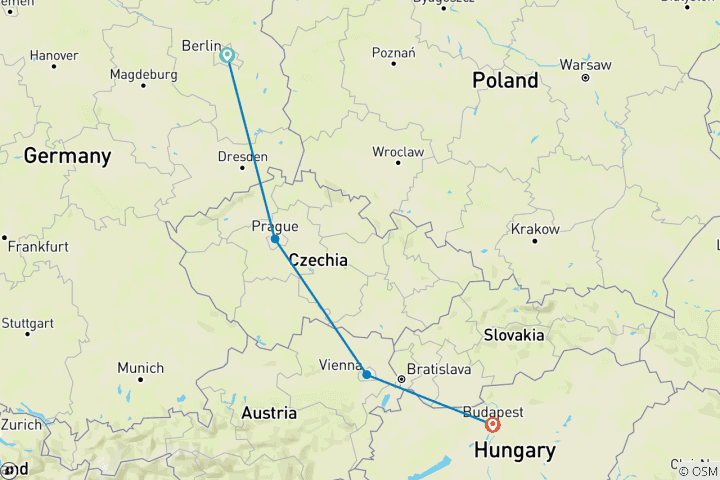 Map of Berlin to Budapest by Train (Summer, 9 Days)