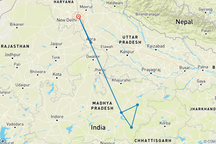 Carte du circuit Safari tigre en Inde avec visite du Taj Mahal