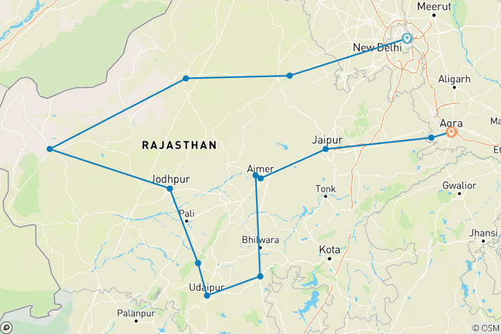 Kaart van Delhi Agra Rajasthan Rondreis