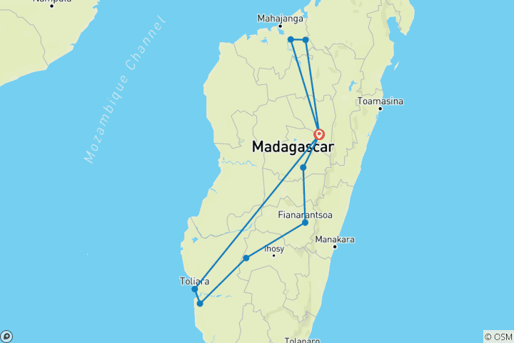 Mapa de Circuitos combinados por Madagascar en 14 días - parte sur y noroeste