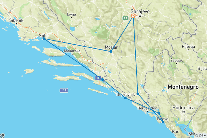 Carte du circuit Circuit des Balkans de l'UNESCO en Bosnie, Croatie et Monténégro