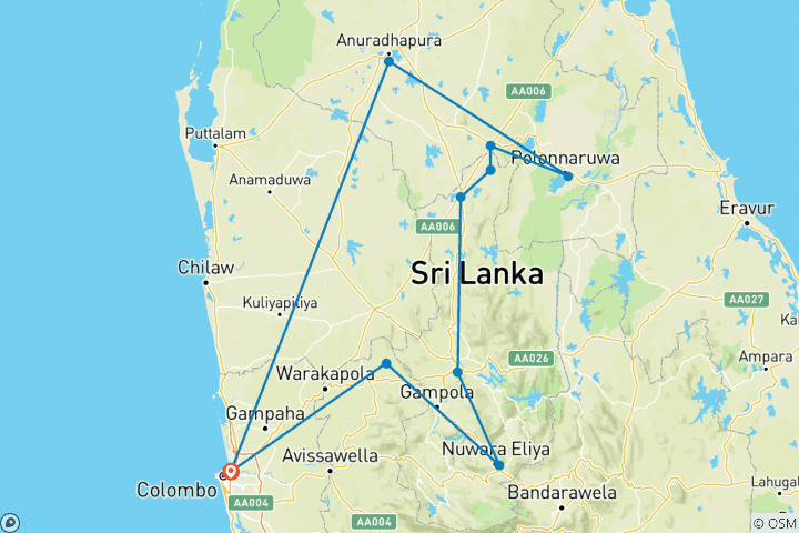 Map of sri lanka multi-day tours 5 days with private driver, vehicle and H/B accommodations