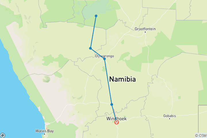 Carte du circuit 3 jours Parc national d'Etosha | Camping privé guidé