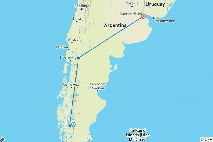 Mapa de Argentina: Calafate, Bariloche y Buenos Aires o viceversa - 7 días