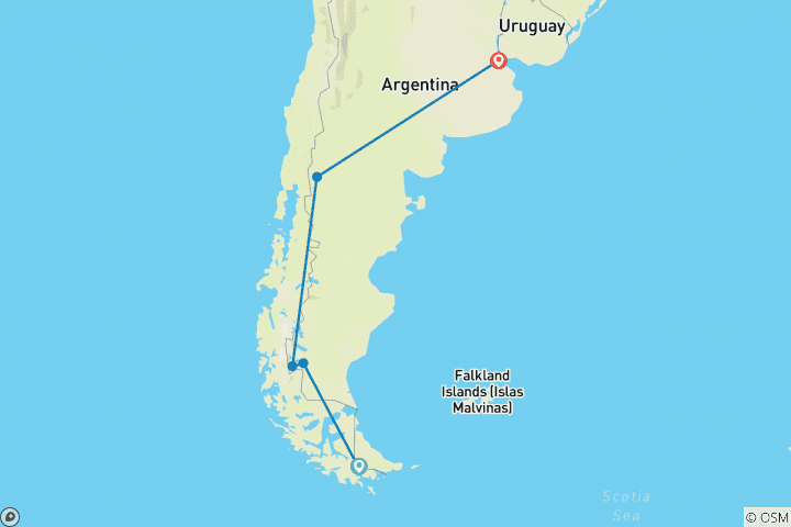 Map of Argentina: Ushuaia, Calafate, Bariloche & Buenos Aires or Viceversa - 9 days