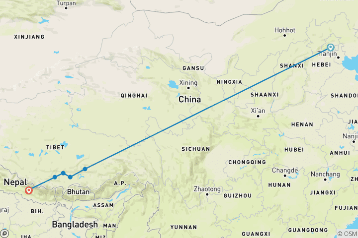 Map of Tibet: Beijing to Kathmandu Overland