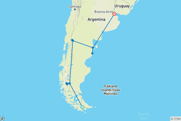 Carte du circuit Argentine : Ushuaia, Calafate, Bariloche, Puerto Madryn et Buenos Aires ou vice- versa - 11 jours