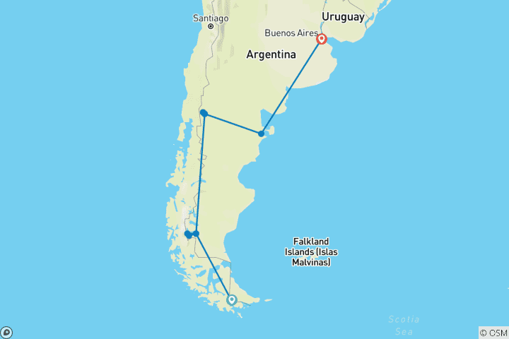 Carte du circuit Argentine : Ushuaia, Calafate, Bariloche, Puerto Madryn et Buenos Aires - 11 jours