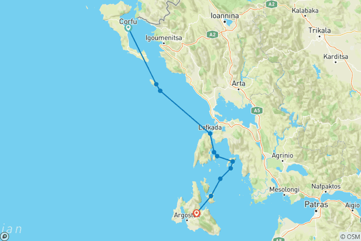 Mapa de Aventura en velero por Grecia: De Corfú a Cefalonia