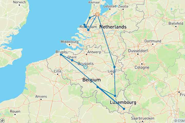 Carte du circuit Le meilleur de la Hollande, de la Belgique et du Luxembourg (Fin Amsterdam)