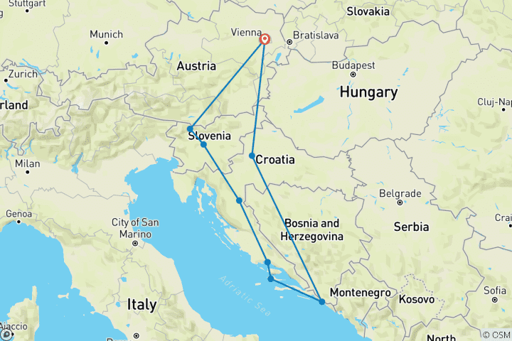 Map of Highlights of Austria, Slovenia and Croatia (End Vienna, 14 Days)