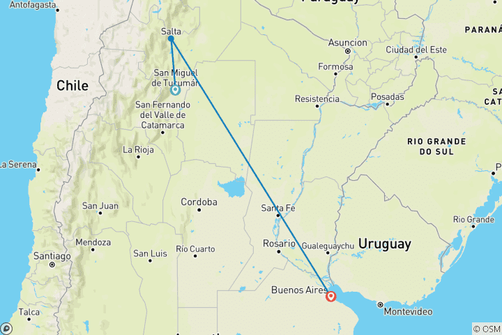 Mapa de Argentina: Tucumán, Salta y Buenos Aires o viceversa - 7 días