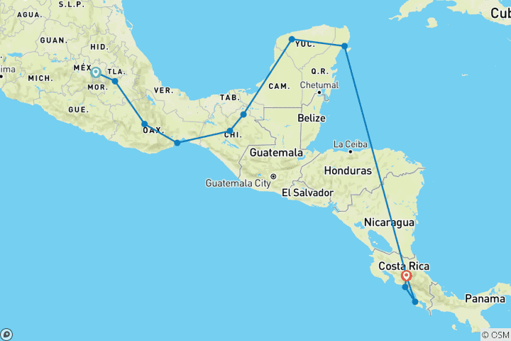 Map of Best of Mexico & Costa Rica (12 destinations)