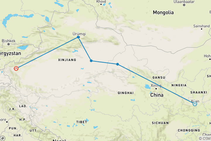 Map of Silk Road Tour 8D: Xian, Dunhuang, Turpan, Urumqi, Kashgar