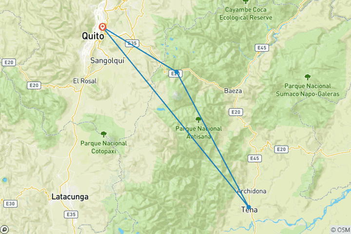 Map of Ecuador Camping  & Jungle River Paddle  4 Days Tour