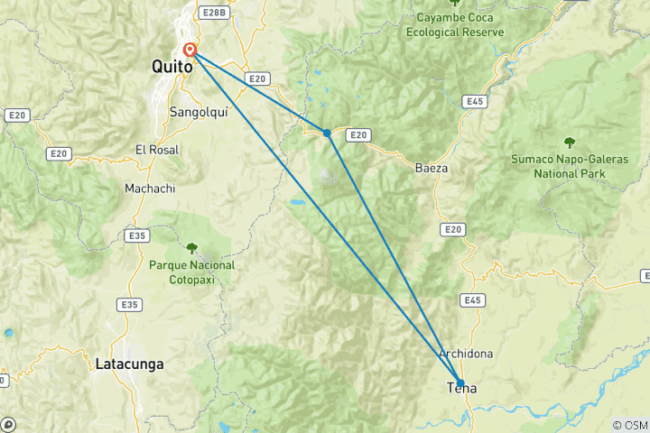 Map of Ecuador Camping  & Jungle River Paddle  4 Days Tour