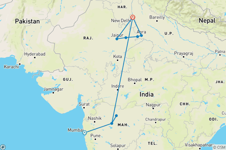 Map of Treasures of Time: Mumbai, Ajanta, Ellora & the Golden Triangle