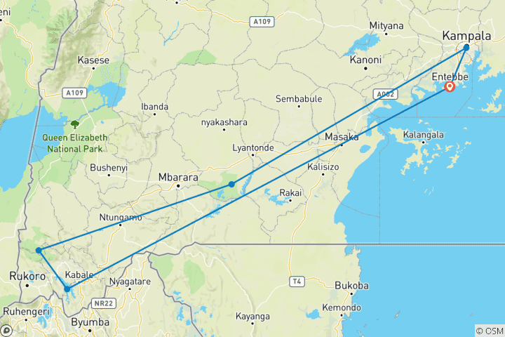 Carte du circuit 4 jours d'excursion en Ouganda pour observer les gorilles, le parc national du lac Mburo et le lac Bunyonyi