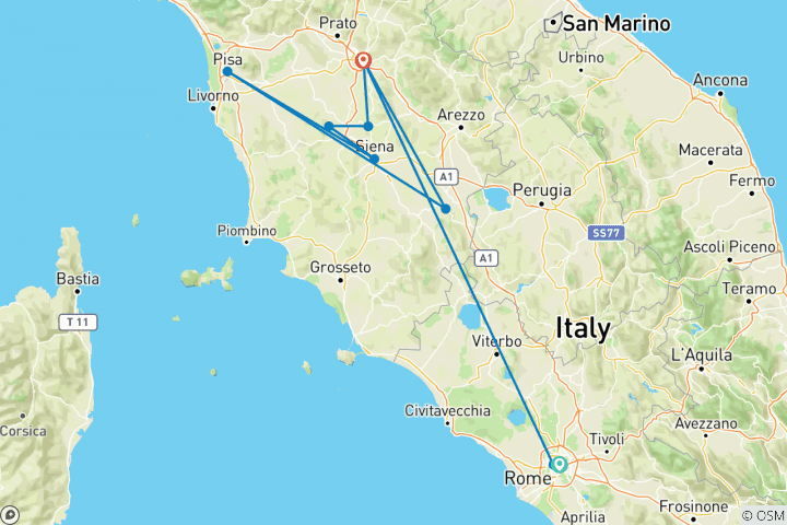 Carte du circuit Rome et la Toscane + Expériences uniques et dégustations de vins