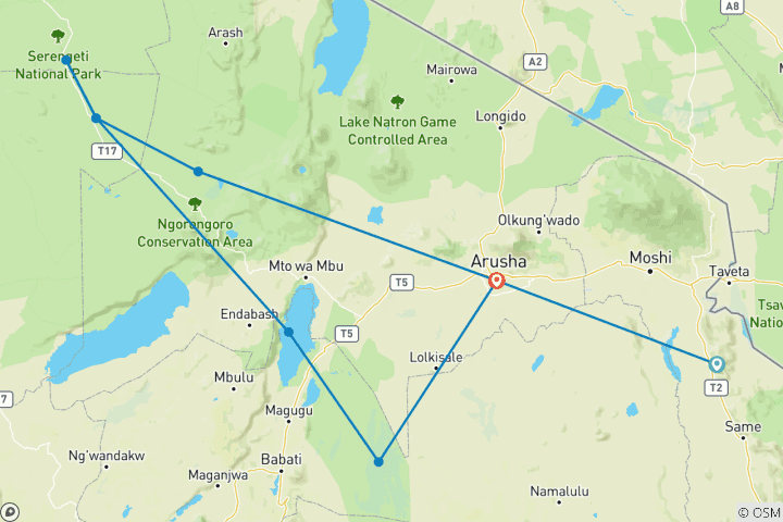 Karte von Höhepunkte aus Afrika - Tansania Rundreise - 6 Tage