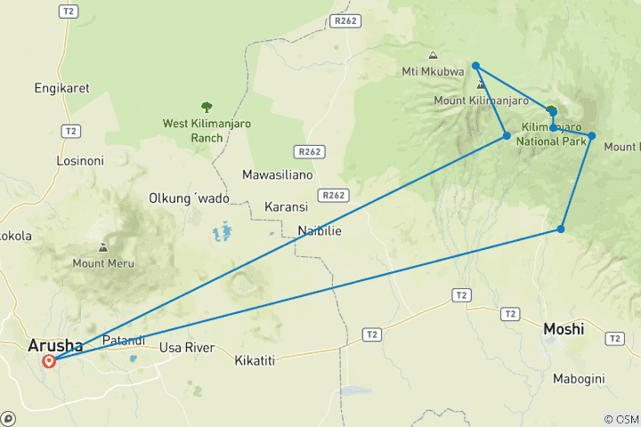 Map of 6 Day Kilimanjaro Trekking Tour  Via Machame