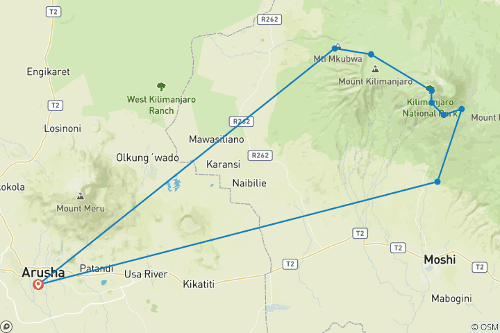 Map of 8 Day Kilimanjaro Trekking Tour  Via Lemosho Route