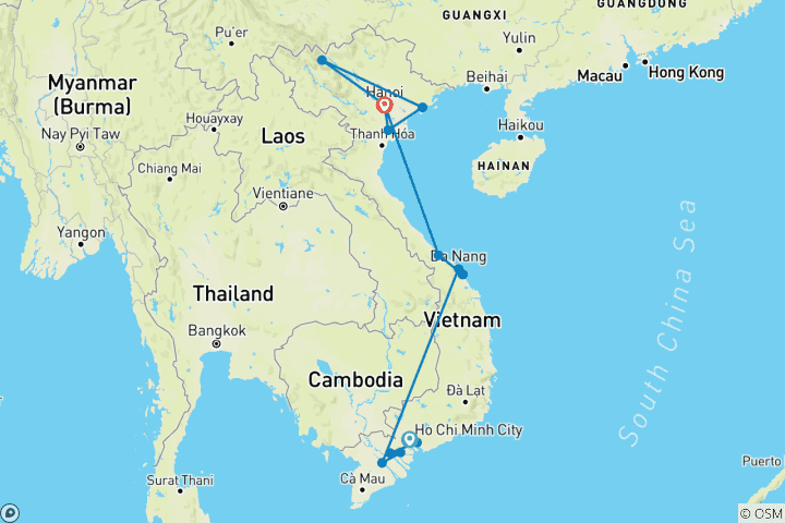 Kaart van Verken Vietnam van zuid, centraal naar noord 16 dagen 15 nachten ( Ho Chi Minh Stad, Da Nang, Hoi An, Hue, Ha Noi, Sapa, Ha Long en Ninh Binh)