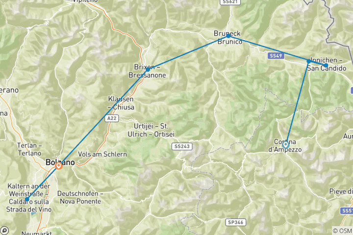 Carte du circuit Cyclisme dans les majestueuses Dolomites - de Cortina à Bolzano - Classique autoguidé