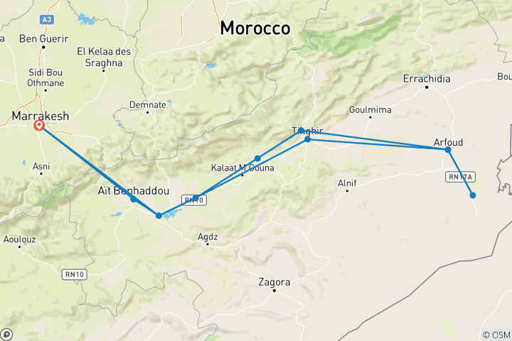 Carte du circuit Circuit privé de 3 jours dans le désert de Marrakech à Merzouga