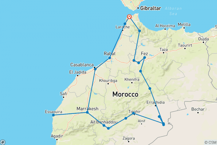 Kaart van Marokko-rondreis van 12 dagen vanuit Tanger