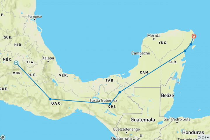 Carte du circuit Incroyable aventure au Mexique 15J/14N - au départ de Mexico