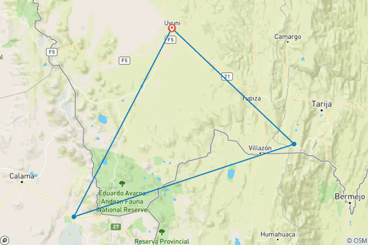 Mapa de Salar de Uyuni y aventura en el desierto 3D/2N - Uyuni a Atacama