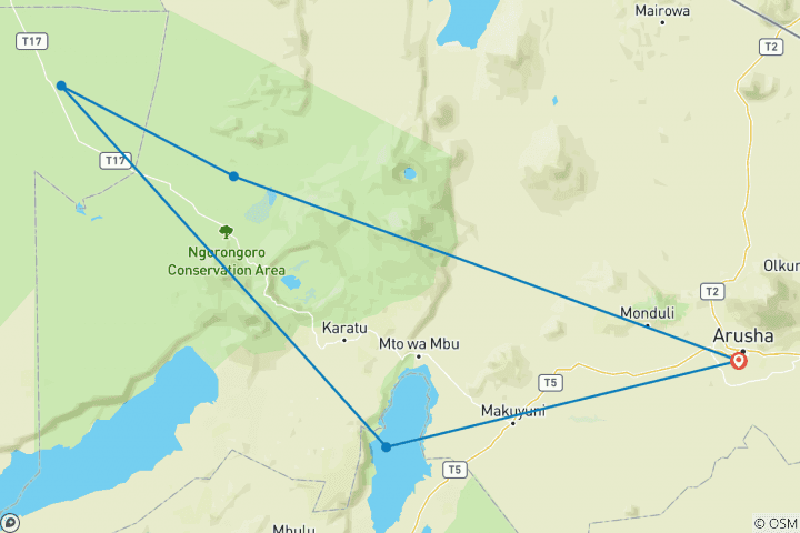 Map of 4 Day Tanzania Mid-range Safari