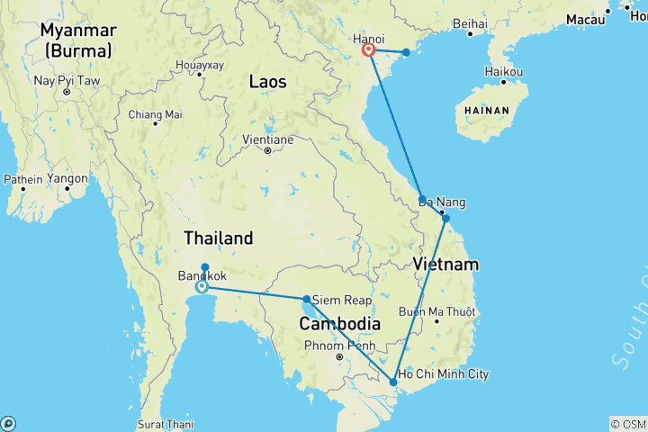 Map of Tailor-Made Thailand, Cambodia & Vietnam Tours, Daily Start