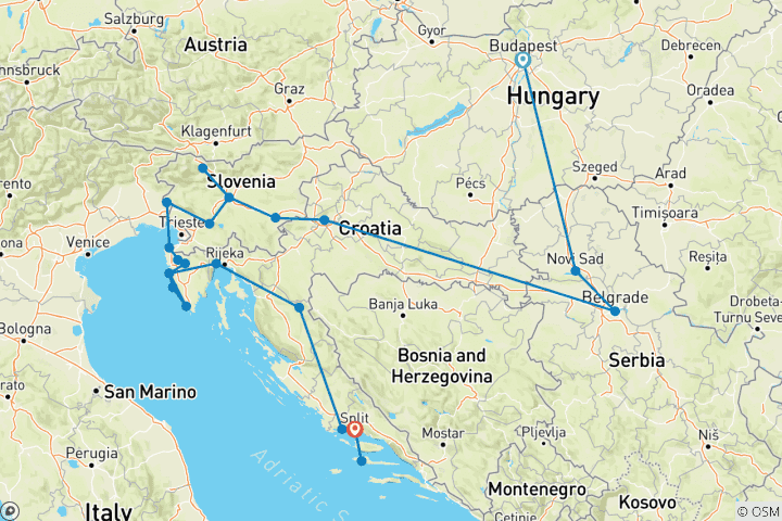 Mapa de Balcanes extendidos - De Budapest a Split