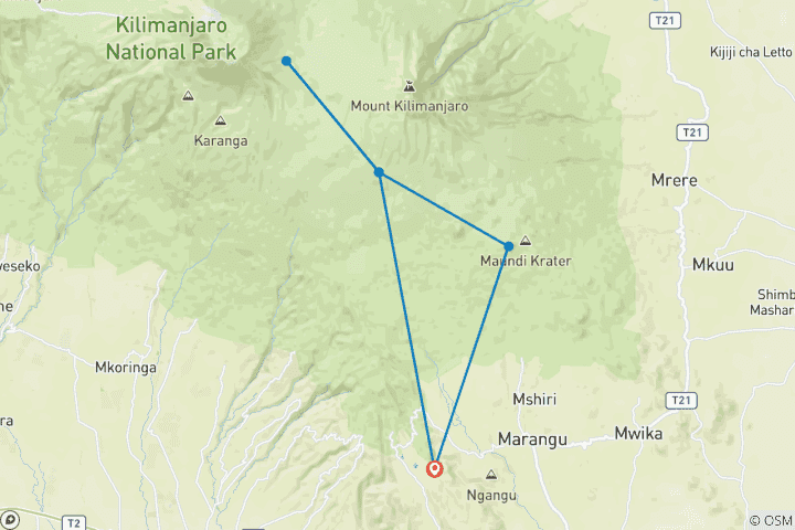 Karte von Mt. Kilimandscharo Marangu Route - 6 Tage