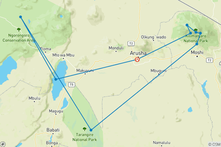 Map of 11 Days Mount Kilimanjaro-Machame and Wildlife Safari