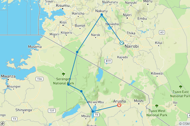 Mapa de Safari clásico por el corazón de Kenia y Tanzania