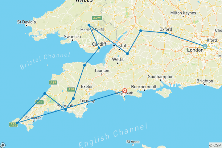 Karte von Landstraßen von Wales, Devon & Cornwall (Rundreise, 2022, 13 Tage)