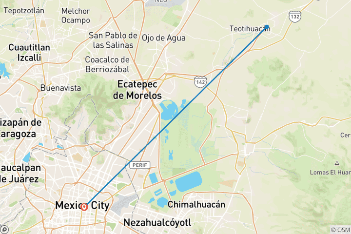 Carte du circuit 4 jours de visites classiques personnalisées de la ville de Mexico, départ quotidien, guide et voiture privés