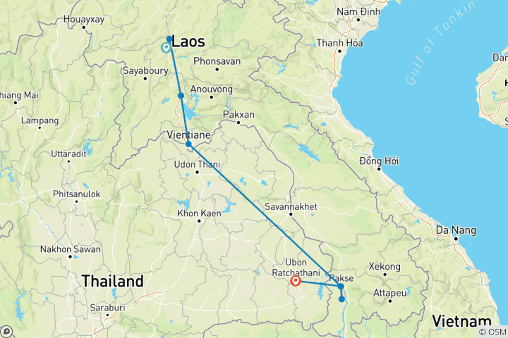 Map of LAOS HIGHLIGHT 12 DAYS 11 NIGHTS (LUANG PRABANG - VANG VIENG - VIENTIANE- PAKSE - 4000 ISLAND - UBON RATCHAHANI